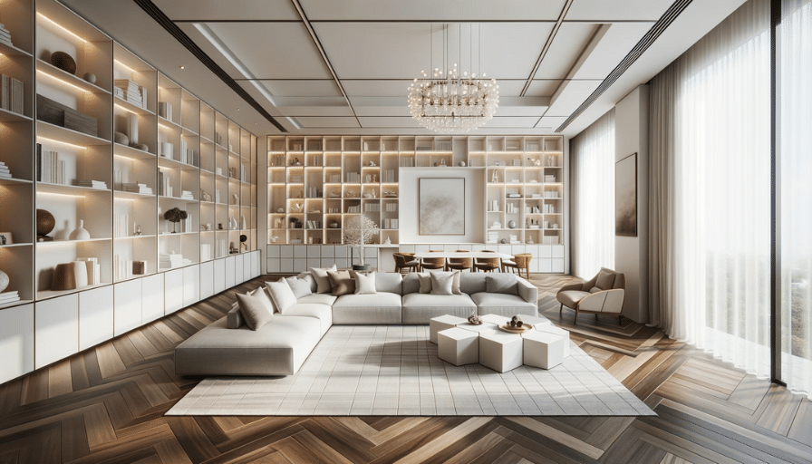 Open-concept living room with white shelving, dark wood-like LVT floor, modular sofa, and a statement chandelier