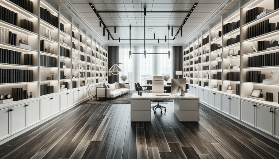 Professional office with white bookshelves, dark LVT flooring, a marble desk, modern lighting, and a cozy lounge area
