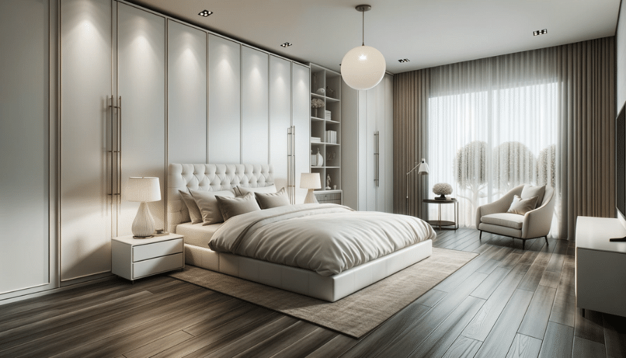 Serene bedroom with white wardrobes, dark LVT flooring, tufted bed, and a cozy reading nook by the window