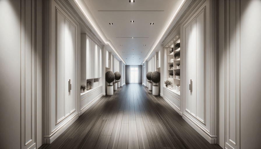 Sophisticated hallway showcasing white cabinets, dark wood-patterned LVT flooring, and decorative potted plants