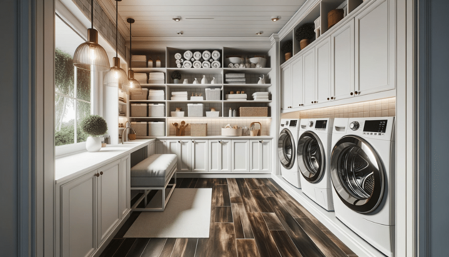 Spacious laundry room with white storage, dark LVT flooring, modern machines, and a cozy reading corner