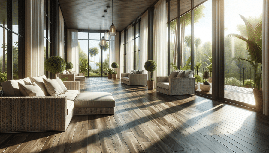 Sun-drenched relaxation room with panoramic windows, dark LVT flooring, wicker furniture, and potted plants