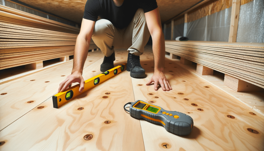A person inspecting the plywood subfloor for levelness and moisture