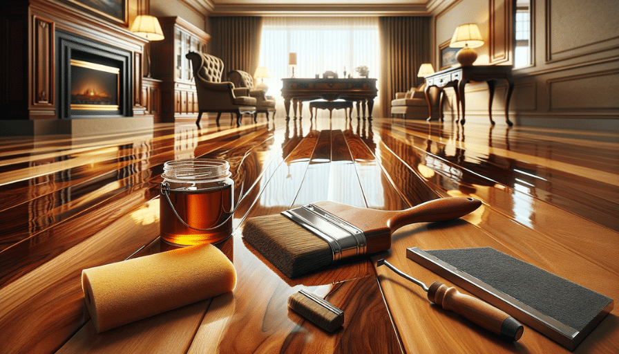 Close-up of refinished hardwood floor with glossy finish, tools in foreground, elegant room background