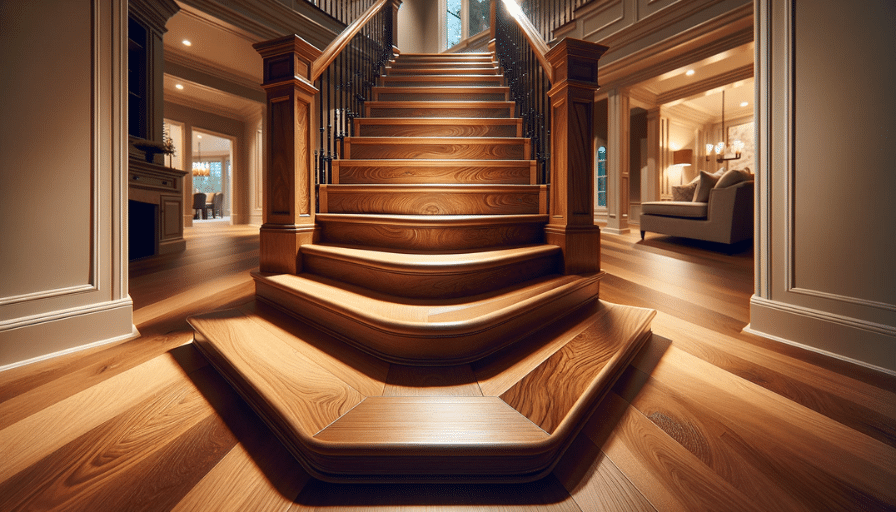 Finished staircase with elegantly installed hardwood flooring, highlighting luxury and craftsmanship