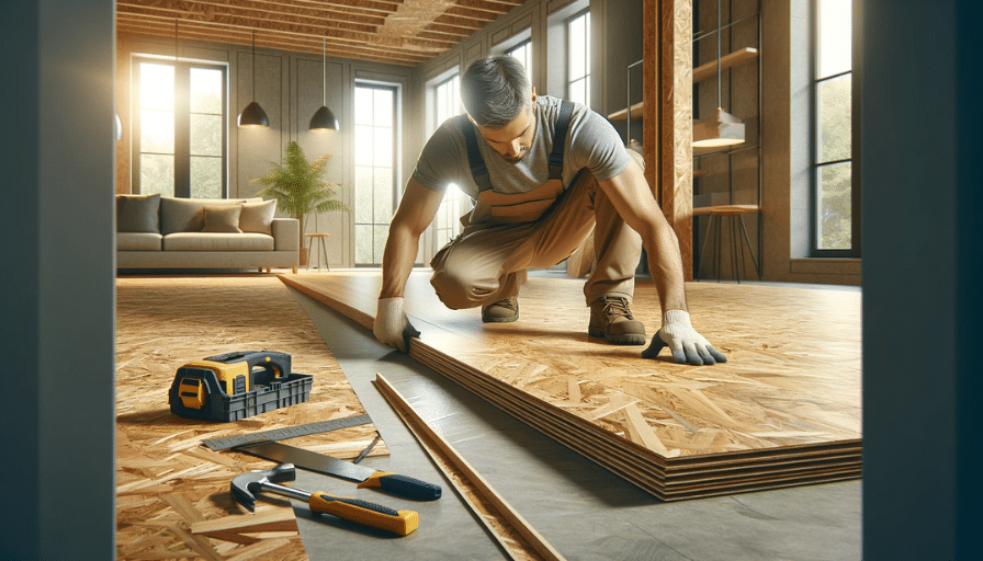 Man installing hardwood flooring over OSB in a modern home, tools visible