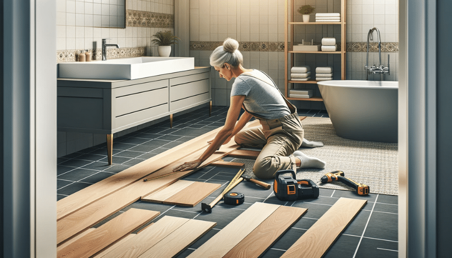 Middle-aged White woman installing hardwood flooring in a modern bathroom, showcasing precision and contrast.