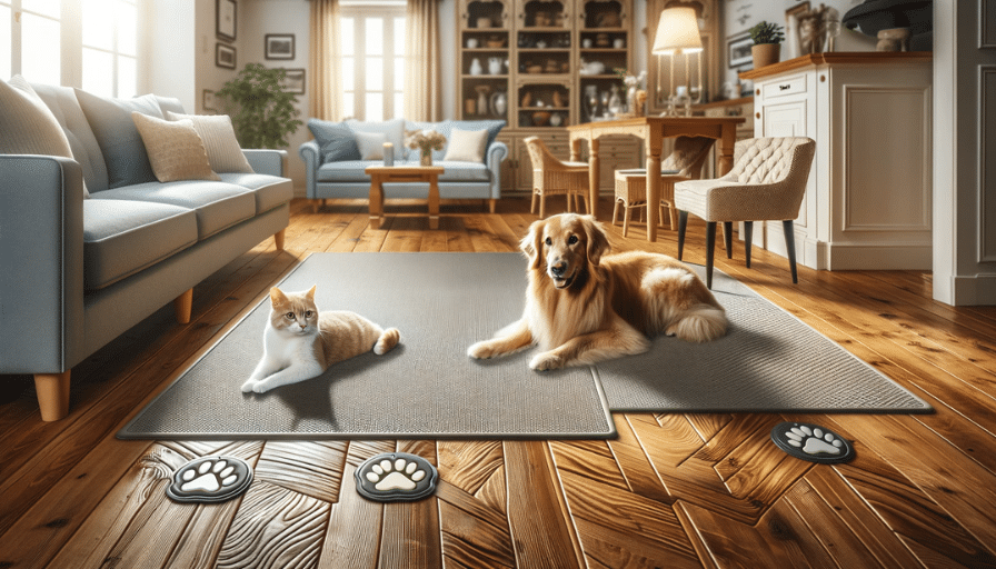 Pristine hardwood floor with pet-friendly protective measures, showcasing pets lounging on area rugs