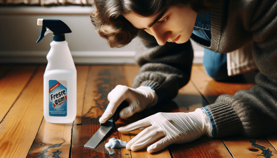 oung Caucasian woman removing chewing gum from hardwood floor using putty knife, focusing on precision