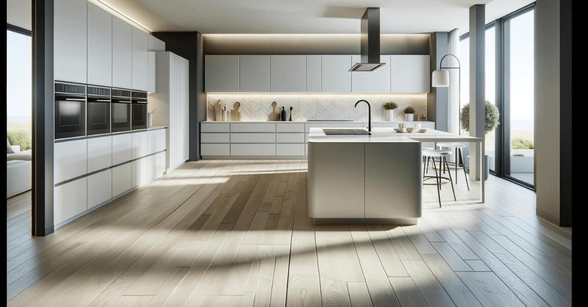 Contemporary kitchen with sleek laminate flooring and modern design