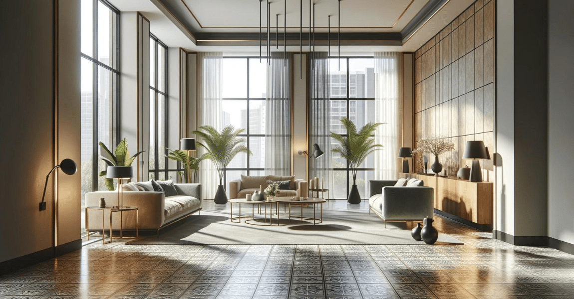 Modern living room with elegant tile flooring and natural light