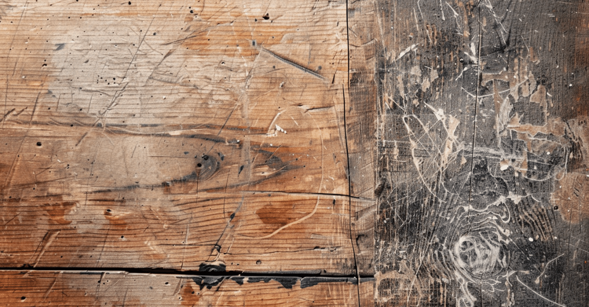 Close-up of damaged laminate flooring with scratches