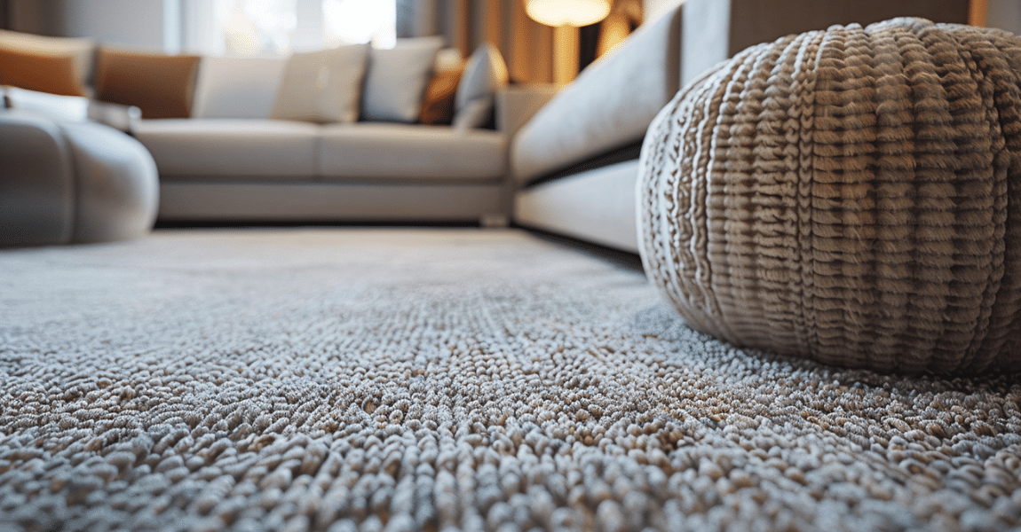 Close-up view of a luxurious beige textured carpet in a modern living room with a plush woven pouf and contemporary sofas in the background