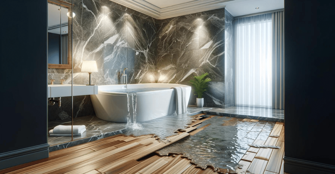Luxurious bathroom with water-damaged laminate flooring near bathtub