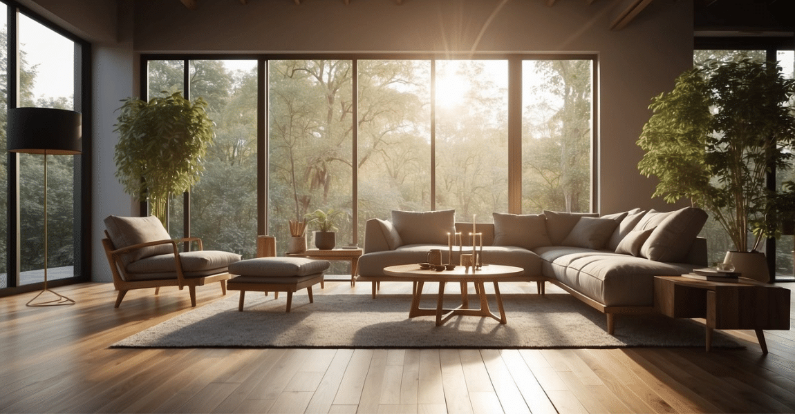 Modern living room with large windows showcasing bamboo flooring and forest view