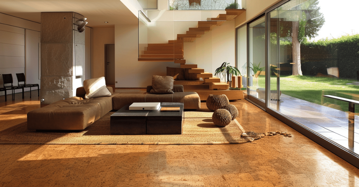 Sunny modern living room with cork flooring