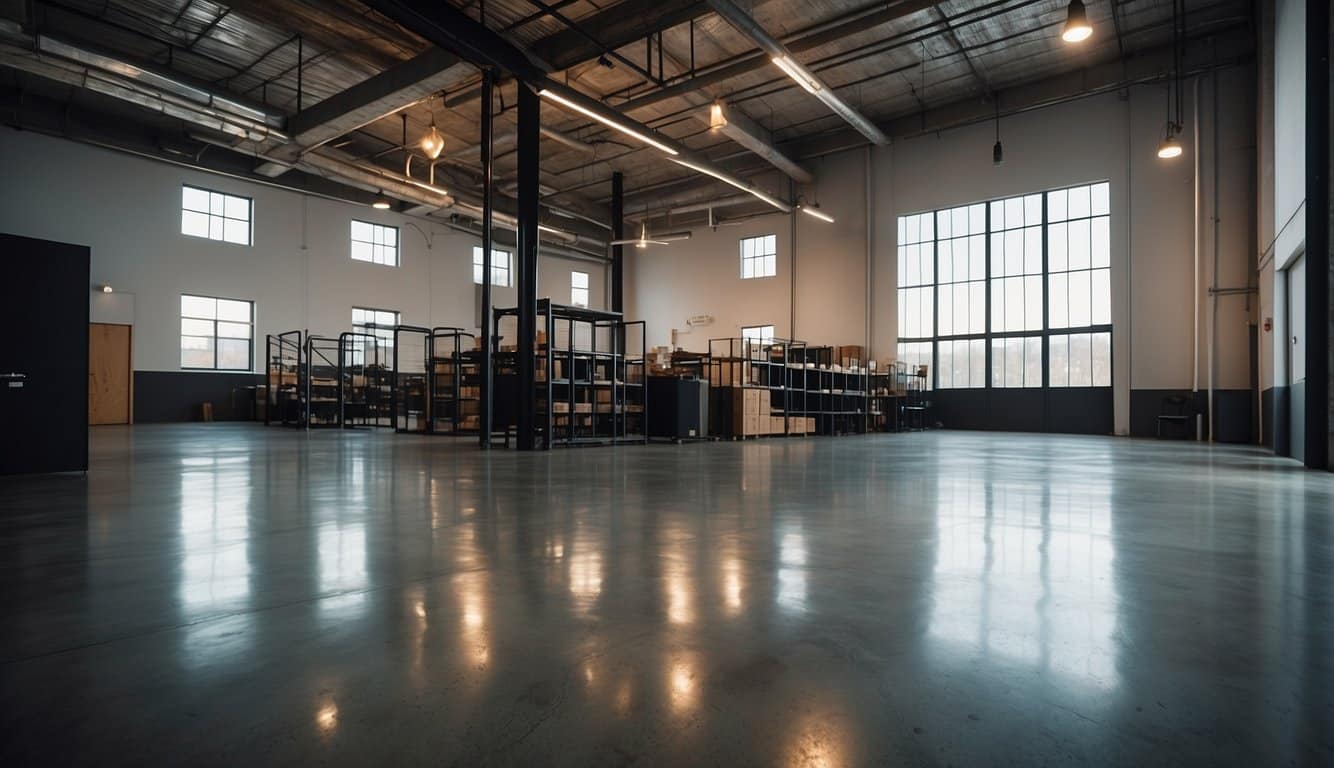 A warehouse with polished concrete floors, a modern office with stained concrete, and a trendy restaurant with decorative concrete flooring