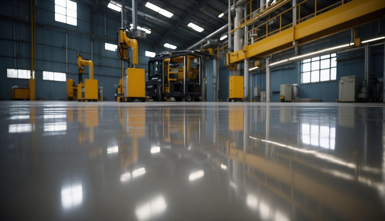 A polished concrete floor with decorative patterns and a glossy finish, surrounded by industrial machinery and tools