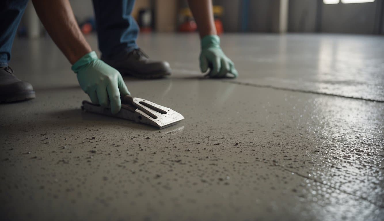 A concrete floor being professionally installed with tools and materials laid out in an organized manner