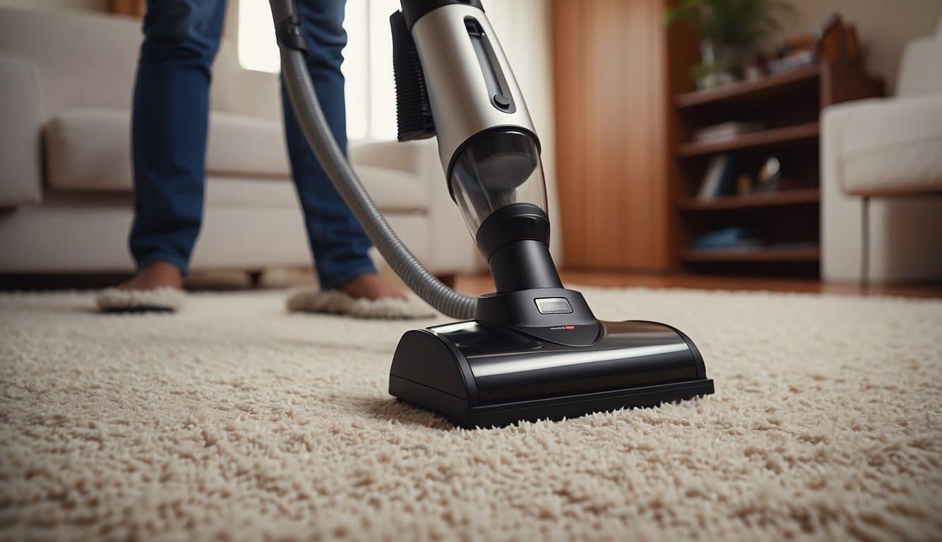 A vacuum cleaner glides over plush carpet, removing dirt and debris. A bottle of carpet cleaner sits nearby, ready for spot treatments. A pair of slippers rest on the edge of the carpet, hinting at a cozy home environment