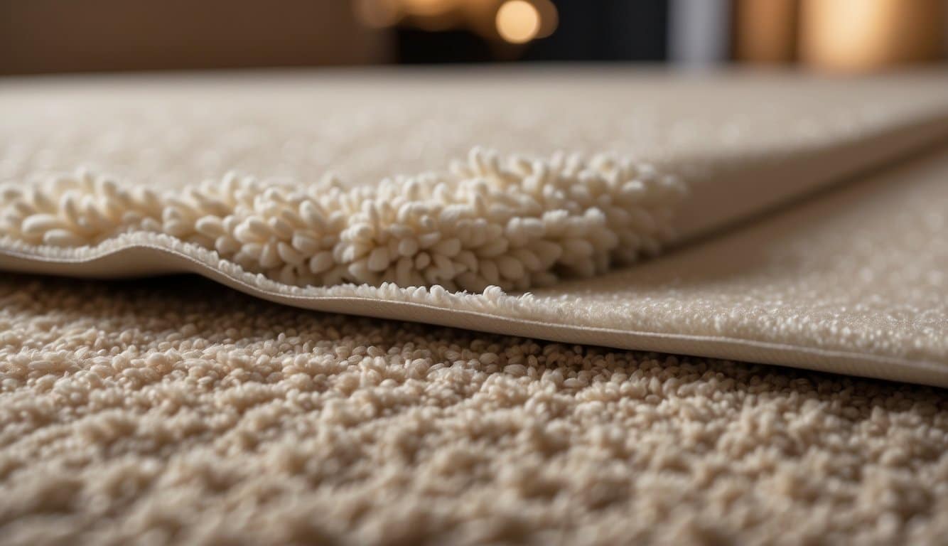 A carpet pad lies beneath a plush carpet, providing cushioning and insulation. It is cut to fit the room's dimensions, enhancing the comfort and longevity of the flooring