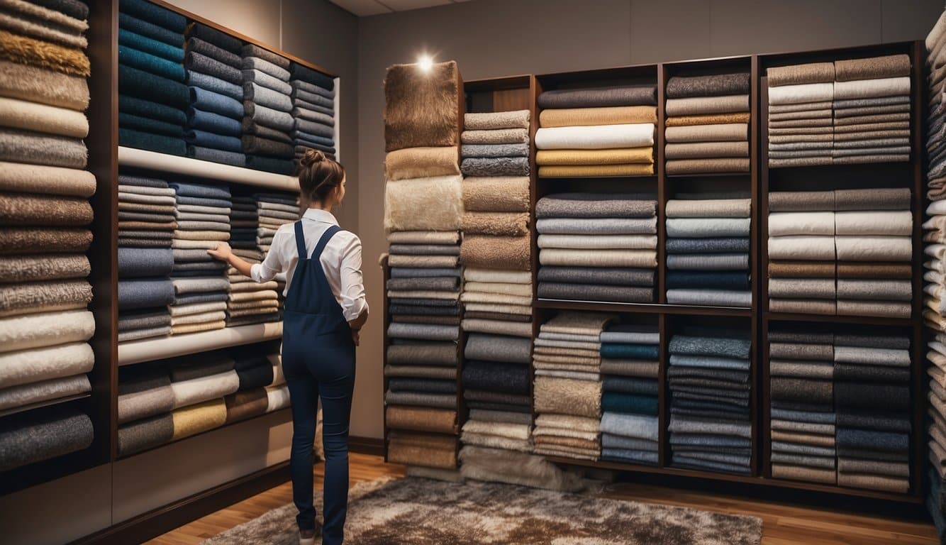 A person selecting different carpet samples for various rooms in a home, with a variety of colors and textures displayed on a showroom floor