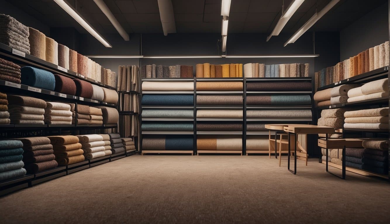 A room with various carpet flooring samples displayed on racks, with a large sign reading "Frequently Asked Questions Ultimate Guide to Carpet Flooring" above them