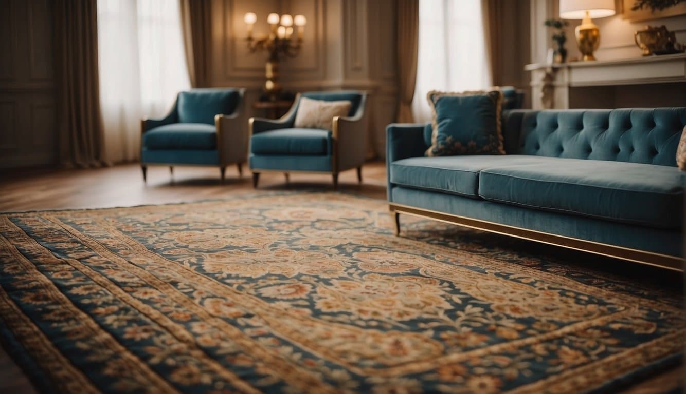 A luxurious, plush carpet with intricate patterns and vibrant colors, laid out in a spacious, well-lit room with elegant furniture and decorative accents