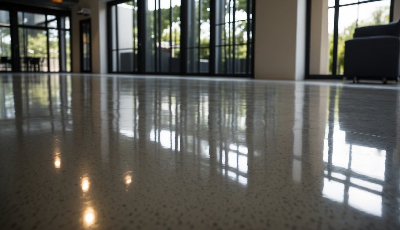 A polished concrete floor with a glossy finish, showing various textures and patterns. Light reflects off the surface, highlighting the smooth and durable nature of the material