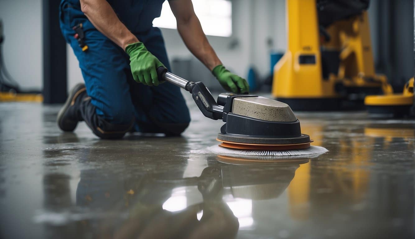 A concrete floor being polished and sealed by a professional, surrounded by various tools and equipment