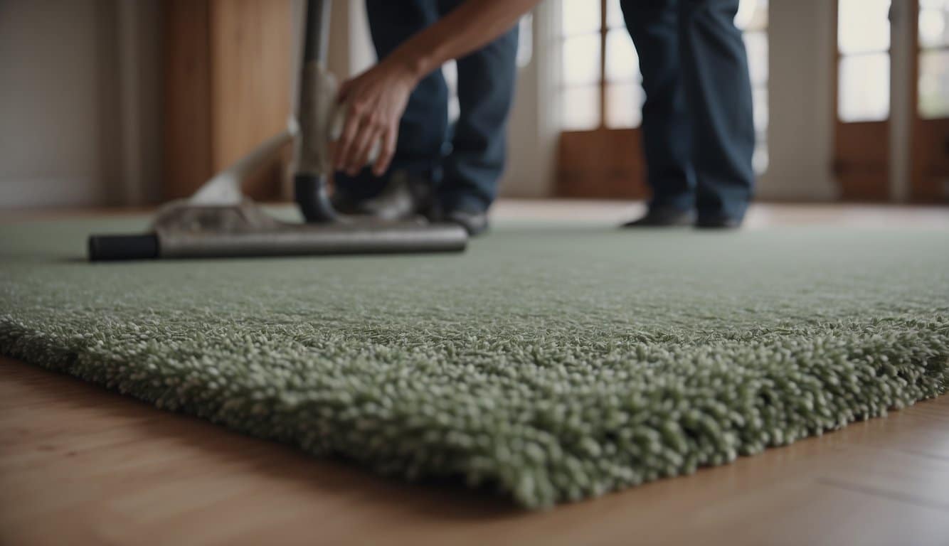 A carpet installer unrolls and smooths out carpet, then trims and secures it to the floor