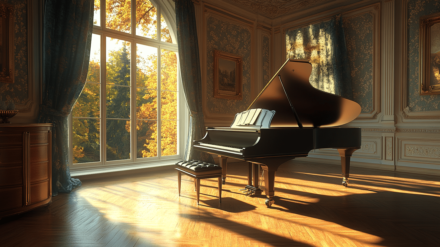 classic grand piano placed on a hardwood floor