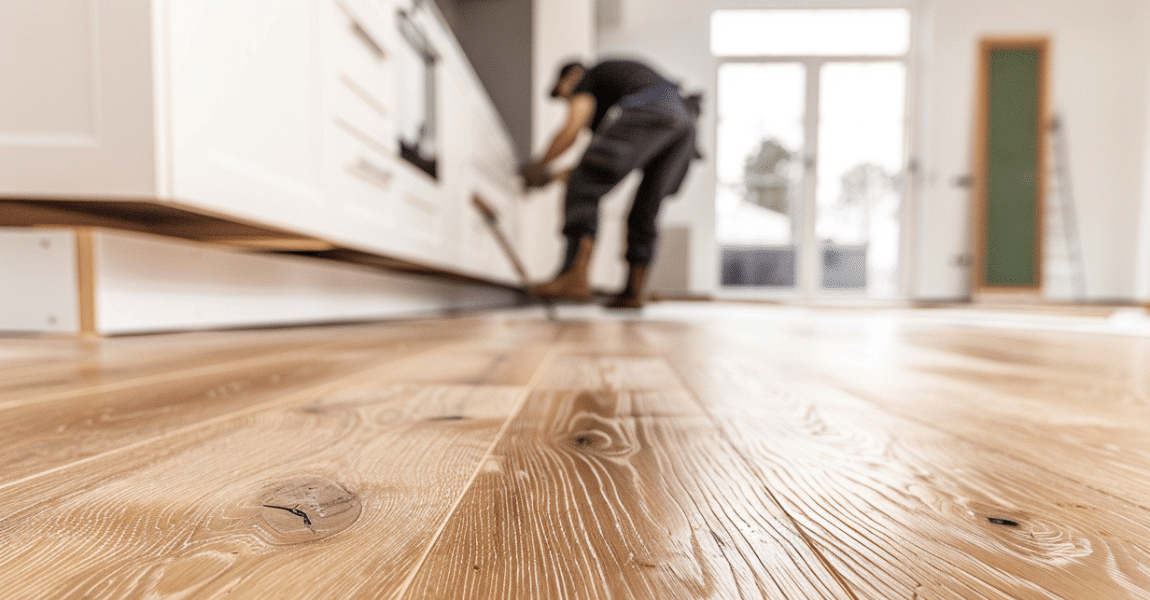 clean and modern home renovation scene with a person installing hardwood flooring under a toe kick in a kitchen