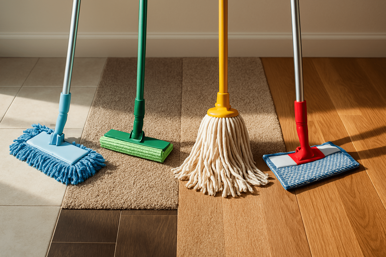 Colorful mops on wood, tile, carpet, and laminate flooring in a bright room, showing best mop types for different floor surfaces