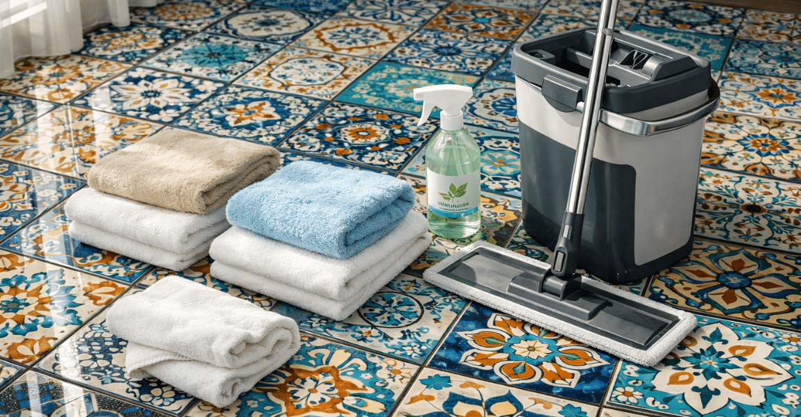 Ornate tiled floor with cleaning tools