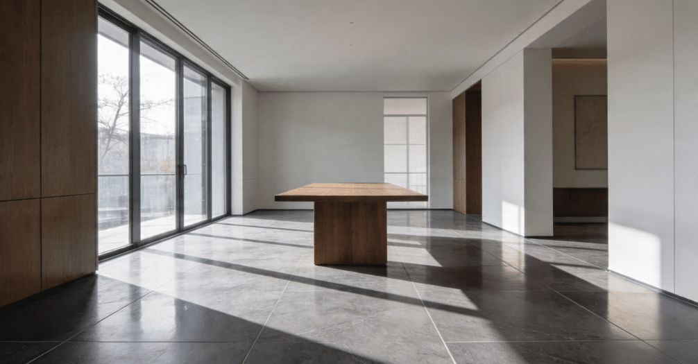 Room featuring large format floor tiles