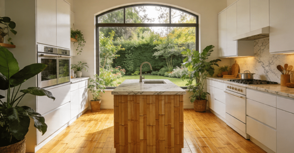 kitchen showcases rich light caramel bamboo flooring