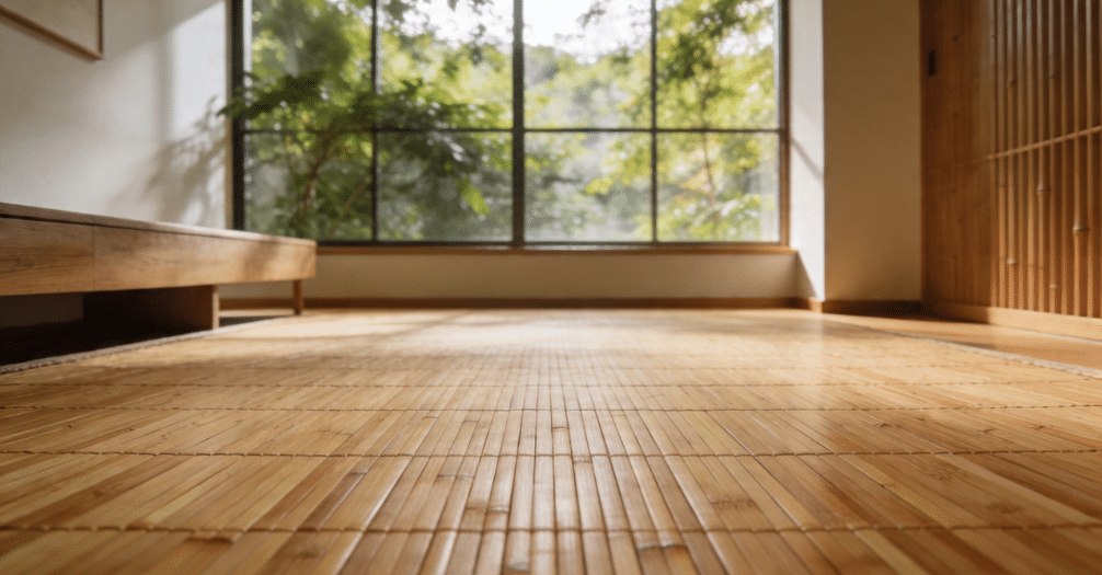 room with strand woven bamboo flooring