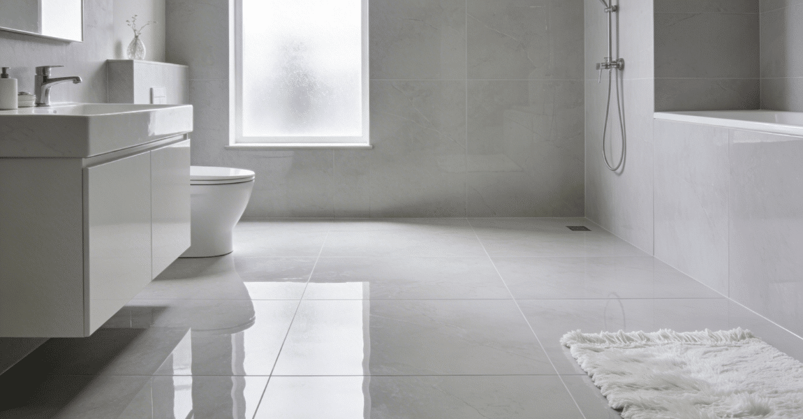 stunning bathroom scene, where glossy, large-format porcelain tiles elegantly cover the floor