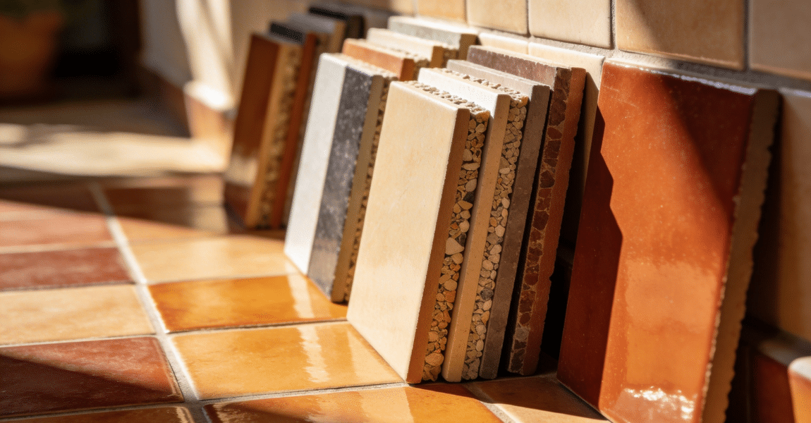 sun-drenched room showcasing an array of grout samples in varying colors and textures