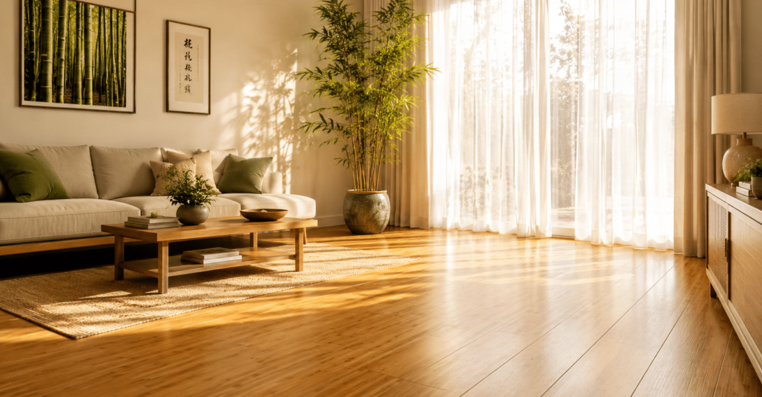 Sunlit minimalist living room with sleek bamboo flooring and plants