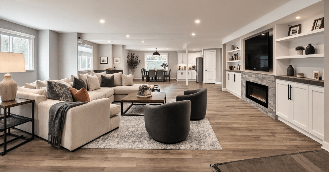 Modern basement featuring waterproof flooring installed over a moisture barrier to protect against moisture rising through the concrete slab.