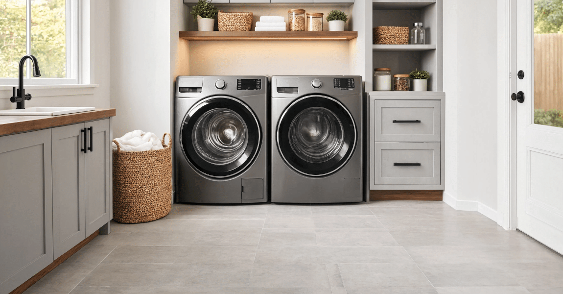 Modern laundry room with waterproof flooring, washer and dryer, and moisture-resistant surfaces showing the best flooring options for laundry rooms.