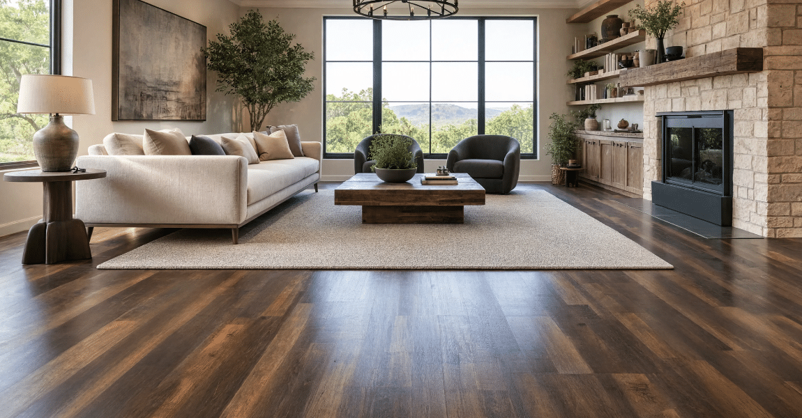 Modern living room featuring wide-plank hardwood flooring, comfortable furnishings, and natural light creating a warm and timeless living space.