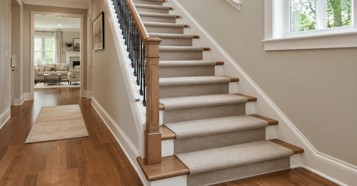 Modern staircase with hardwood treads and a non-slip runner showing safe and stylish flooring for stairs.