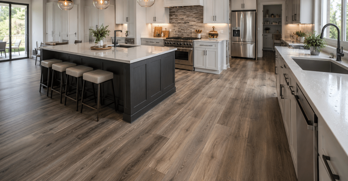 Modern kitchen featuring luxury vinyl plank flooring designed for moisture resistance, durability, and easy maintenance.