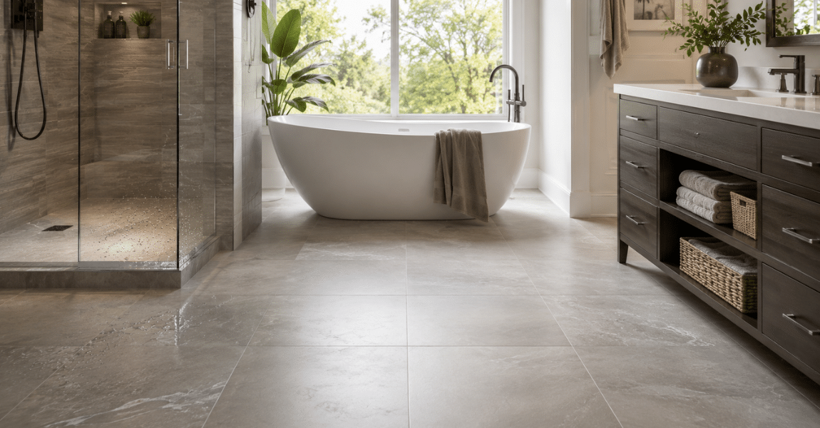Luxury bathroom featuring porcelain tile flooring designed to resist water, humidity, and daily moisture exposure.