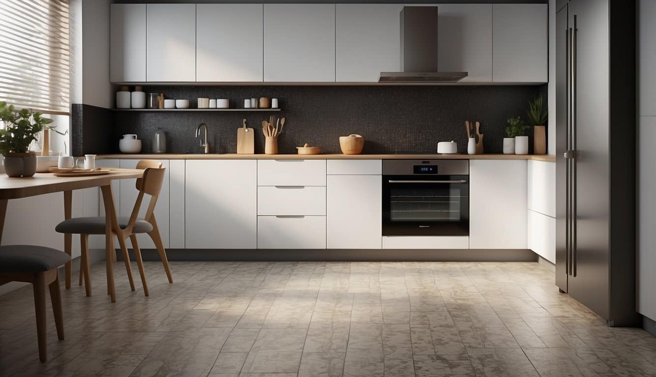 A room with linoleum flooring in a modern kitchen, featuring a sleek and seamless installation with a subtle pattern and a glossy finish