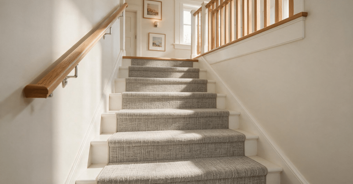 Best carpet for stairs featuring a durable, low-pile textured carpet designed for safety, traction, and style