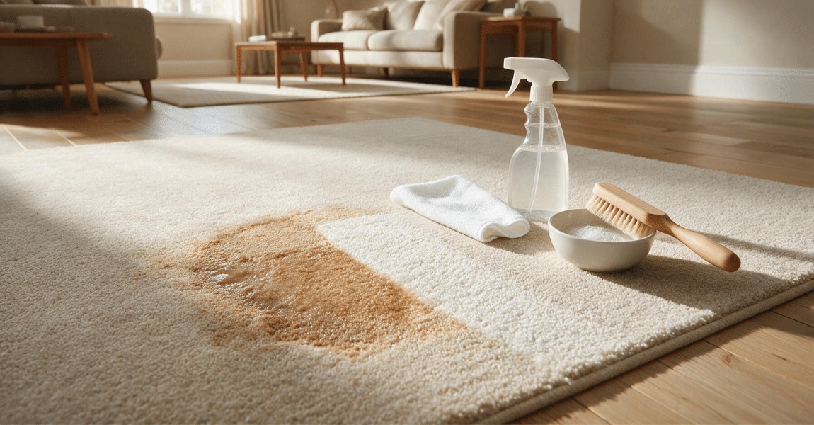 Removing a stain from a light-colored carpet using cleaning solution and a white cloth